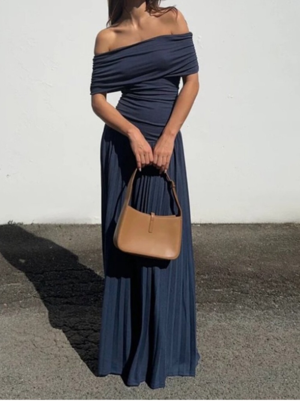 NWT LIONESS Field Of Dreams Dress in Navy off shoulder flowy maxi gown Size XS